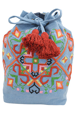 Vintage Hippie Bohemian tribe embroidered Drawstring Denim Backpack #ad $27.96