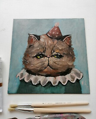 #ad Cat Oil Painting Original Art * Pet Their friends Exotic Kitten Circus Clown $40.00
