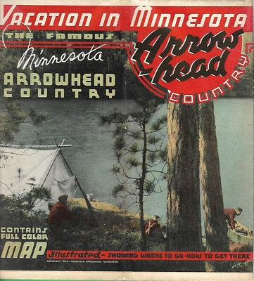 #ad Vintage 1940 Road Map Brochure MINNESOTA ARROWHEAD COUNTRY Canoe Routes Duluth $129.99