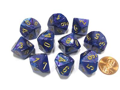 #ad Set of 10 Chessex Lustrous D10 Dice Purple with Gold Numbers $9.28