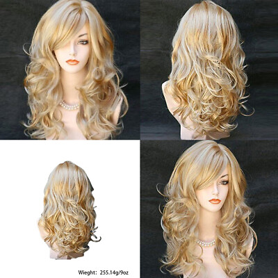 #ad US 1 2 Pcs Women Long Curly Body Wavy Heat Resistant Blonde Highlights Full Hair $13.29