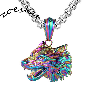 Mens Viking Wolf Head Pendant Necklace Stainless Steel Boys Multi color Jewelry $12.99
