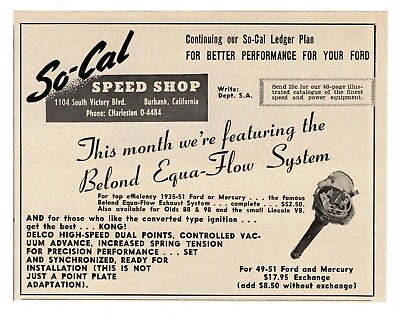 #ad 1951 SO CAL Speed Shop Belond Equ Flow Hot rod parts Burbank CA Vintage Ad $8.95