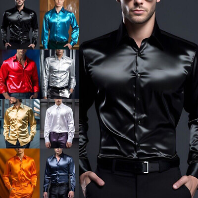 #ad Men Shirt Silk Satin Smooth Men Solid Tuxedo Business Shirt Plus size S XXL $17.88
