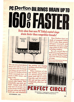 #ad 1964 Print Ad Perfect Circle PC Perflon Oil Rings Drain to 160% Faster Teflon $11.99
