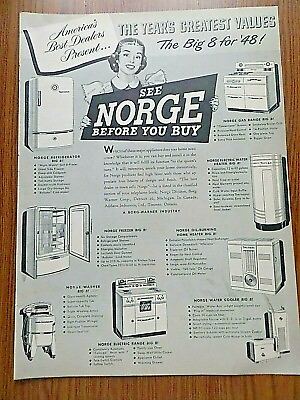 #ad #ad 1948 Norge Appliances Ad Kitchen Range Washer Dryer Freezer Refrigerator $4.00