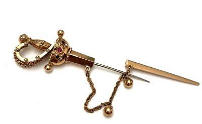 #ad Antique Saber Sword Pin Brooch 18k Yellow Gold Ruby $980.00