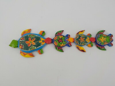 #ad 5X15 COLORFUL WOOD WALL HANGING PAINTED SEA TURTLES WALL MOUNT GOLD COLOR LINES $19.99