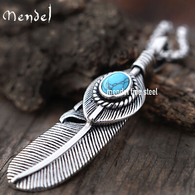 #ad MENDEL Mens Native American Feather Turquoise Pendant Necklace Men Women Silver $11.99