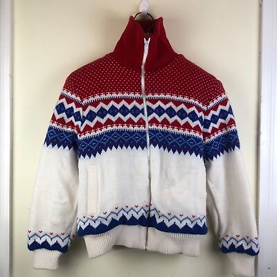 #ad Vintage Fingerhut Red White Blue Knit Sweater Zip Jacket Coat w Fleece Lining $25.00