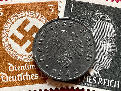 #ad XXX RARE WW2 NAZI German 1 Reichspfennig SWASTIKA Coin amp; Hitler Stamp LOT $14.95