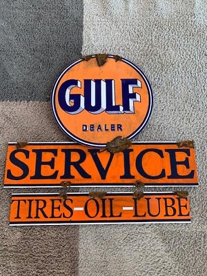 antique style Barn find look Gulf dealer service station gas oil tires pump sign $95.99