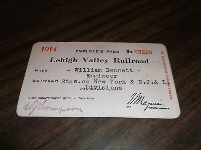 #ad 1914 LEHIGH VALLEY RAIL ROAD EMPLOYEE PASS #3226 $50.00
