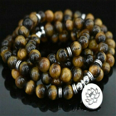 #ad 6MM Tiger eye Bracelet 108 Beads Lotus Pendant Reiki Lucky Mala Pray Meditation $8.58
