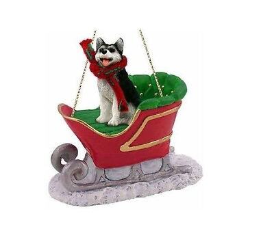 #ad Siberian Husky Sleigh Ride Christmas Ornament Black White Brown Eyes $25.99