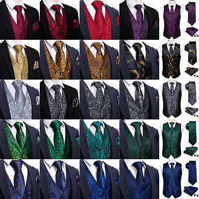 #ad Mens Gilet Red Blue Gold Black Green Silk Waistcoat Retro Slim Vest Tie Set Work $25.99