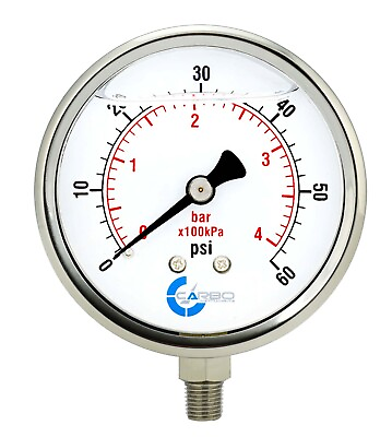 #ad 4quot; Pressure Gauge Stainless Steel Case Liquid Filled Lower Mnt 60 PSI $32.95