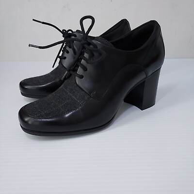 #ad Clarks Womens 9 Black Leather Plaid Inset Kensett Oxford Pump High Heels $50.00