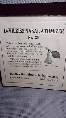 #ad DeVilbiss No 30 Nasal Throat Atomizer Vtg Medical Device Spray Bottle w Box $24.95