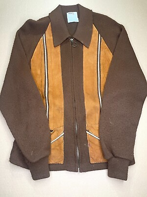 #ad Vtg Montgomery Ward 100% Virgin Orlon Acrylic Brown Zip Up Jacket Size Medium $19.99
