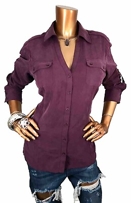 Express L Top NWT Purple Soft Logo Button Up Shirt Long Sleeves Blouse Low V Cut #ad #ad $22.99
