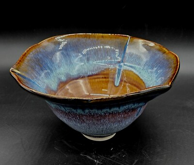 #ad Bill Campbell Studio Art Pottery Swirl Blue Brown Drip Glaze Tulip Bowl $47.00