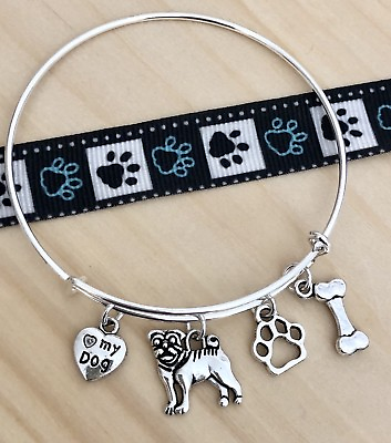 #ad Bull Dog Pug I ❤ my Dog Dog Paw Bone Charm Bangle Bracelet $4.25