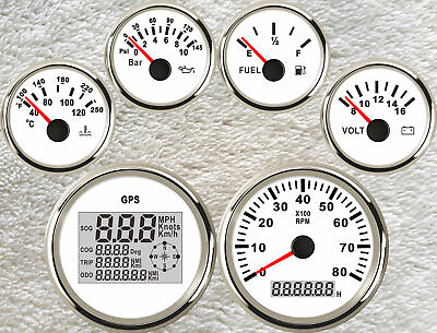 #ad 6 gauge set mph km h knots speedo tacho fuel level temp volts oil pressure white C $225.62