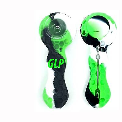 #ad Unbreakable Silicone Tobacco Smoking Pipe w Glass Bowl BLACK Green amp; WHITE $7.99
