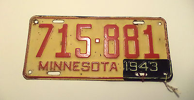 #ad Vintage 1942 43 WWII ERA MINNESOTA License Plate Tag #715 881 Expired With TAG C $149.95
