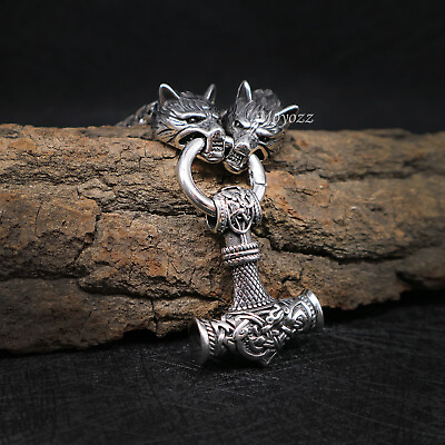 Mens Stainless Steel Heavy Wolf Viking Thors Hammer Pendant Necklace Vintage Men $19.99