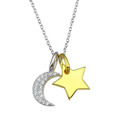 #ad 2 TONED STAR amp; CRESCENT MOON NECKLACE PENDANT W LAB ACCENTS STERLING SILVER $53.31