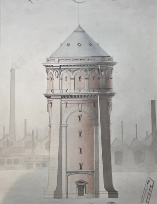 #ad Antique Drawing Architecture Building Water Tower Project $295.00