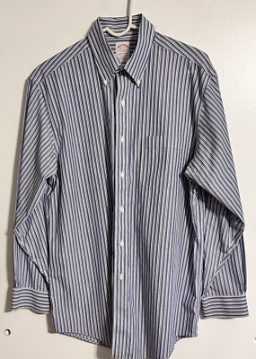 #ad Brooks Bros Madison Blue White Gray Stripe Men’s Shirt 15.5 33 No Iron $15.55