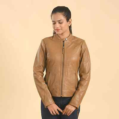 LA MAREY Tan Lambskin Leather Breathable Zip Front Scuba Jacket M Gifts #ad $152.99