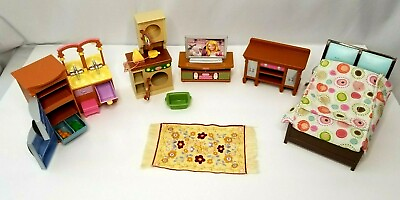 #ad VTG 9 Pieces Fisher Price Mattel Dollhouse Furniture Fridge Bed Washer Dryer TV $24.99