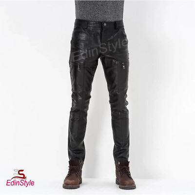 #ad Men#x27;s Business Casual Slim Fit Genuine Cow Leather black Pants New Biker Pant GBP 134.99