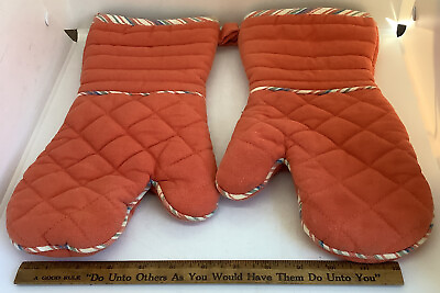 #ad Vintage Kitchen Oven Mitts Orange Quilted Insulated Pair Made In India $29.99