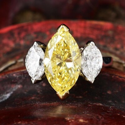 #ad 3ct Canary Yellow Marquise CZ Ring 925 Sterling Silver Three Stone New Jewelry $230.00