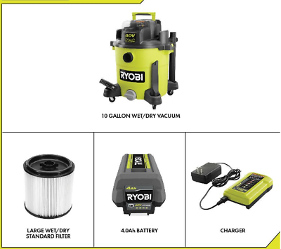 #ad RYOBI Wet Dry Vacuum Kit 10 Gal. 40 Volt Cordless w 4 Ah Battery Accessories $326.59