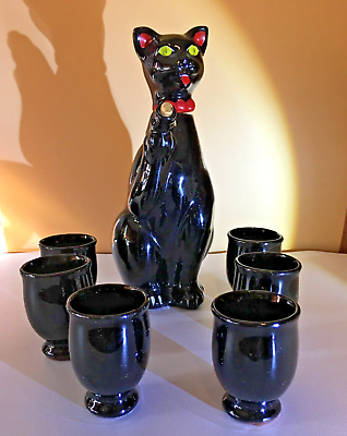 Vintage Shafford Black Cat Redware Decanter Sake Saki Shot Glass Bar Set Japan #ad #ad $149.99