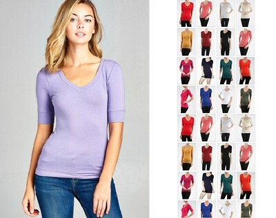 #ad Women Basic V NECK Elbow SHORT Sleeve T Shirt Top Cotton Stretch REG N PLUS S 3X $8.99