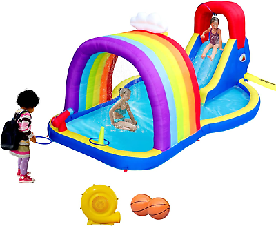 #ad #ad Inflatable Water Park with Blower Rainbow Sprinkler Rock Climbing Water Cannon $331.99