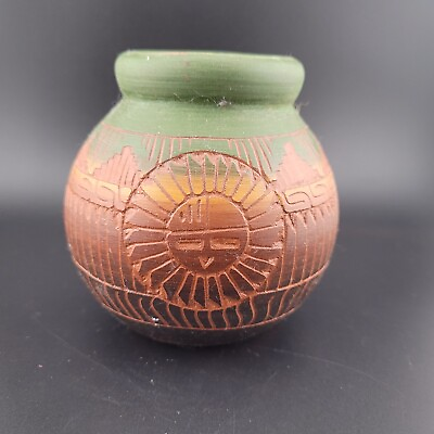 #ad Native American Navajo Etched Sun Hand Painted Red Clay Vase Signed 3.75quot; $19.97