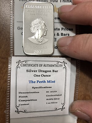 #ad 2021 Australia 1 oz. Sivler Dragon Bar Perth Mint 99.99% w COA $49.99