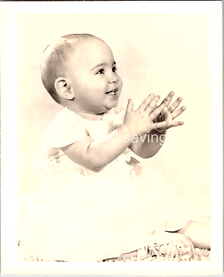 #ad Old Bamp;W Found Photo 30s 40s Happy Baby Claps Hands And Laughs In Studio Shot $5.99