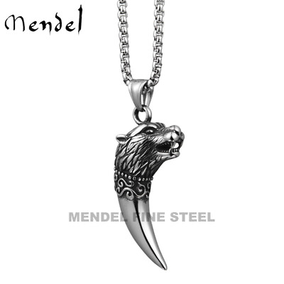 MENDEL Mens Viking Wolf Head Tooth Teeth Pendant Necklace Stainless Steel Chain $11.99