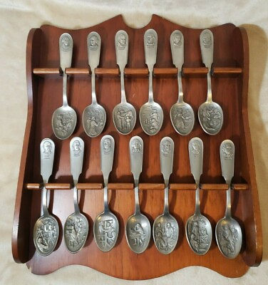 #ad Vintage Revolutionary Hero#x27;s Set 13 Metal Spoons Unique Clean Wood Case $100.00