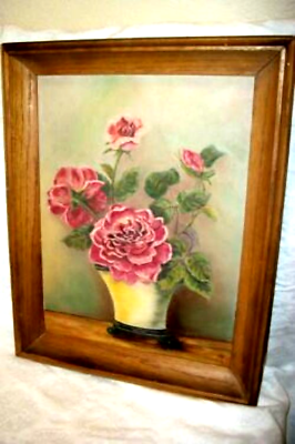 #ad ANTIQUE NAIVE OIL PAINTING ROSES STILL LIFE SUNDAY ART SIMPLE WOOD FRAME 1920s $162.01