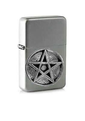 #ad g34 Pentacle Pentagram emblem on a flip top petrol lighter windproof silver GBP 14.95